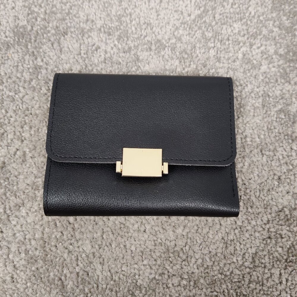 Miniso Life Women's Tri Fold Wallet Black Snap Button Closure Elegant Minimalist